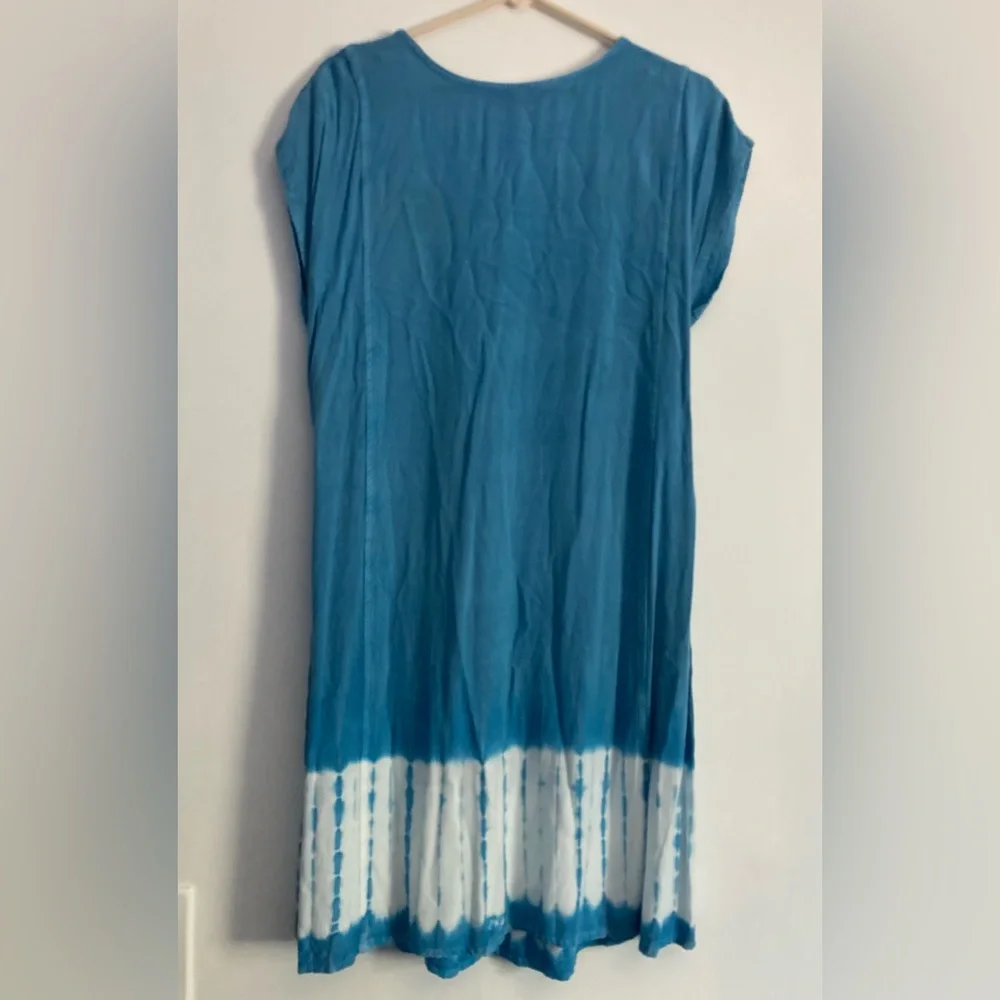 Raya Sun Dress SZ L Sky Blue Cotton Blend wood beaded and embroidered
